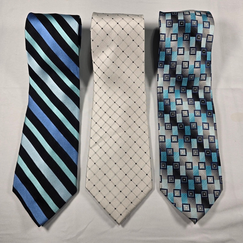 Tie Lot of 3 Silk Croft & Barrow Mens Blue Black White Striped Geometric